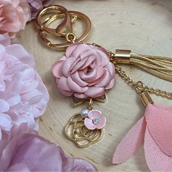Pink Flower Gold Fringe Pearl Keychain Charm - Picture 8 of 13